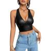imageMakeMeChic Womens Faux PU Leather Camisole Tie Backless Sleeveless V Neck Halter Crop TopBlack