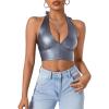 imageMakeMeChic Womens Faux PU Leather Camisole Tie Backless Sleeveless V Neck Halter Crop TopDark Grey