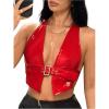 imageMakeMeChic Womens PU Leather Halter Crop Tops Backless Fitted Club Camisole TopsRed