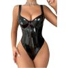 imageMakeMeChic Womens PU Leather Sleeveless V Neck Exotic Teddy Lingerie Bodysuit UnderwireBlack