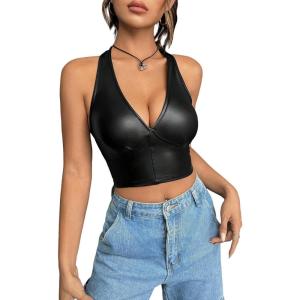 imageMakeMeChic Womens Faux PU Leather Camisole Tie Backless Sleeveless V Neck Halter Crop TopBlack