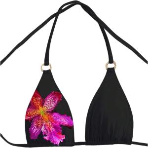 imageMakeMeChic Womens Floral Halter Bikini Top Metal Ring Triangle Backless Swimwear Bathing Suit TopsBlack