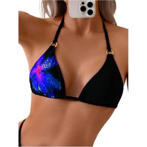 imageMakeMeChic Womens Floral Halter Bikini Top Metal Ring Triangle Backless Swimwear Bathing Suit TopsBlack and Blue