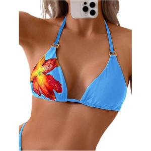 imageMakeMeChic Womens Floral Halter Bikini Top Metal Ring Triangle Backless Swimwear Bathing Suit TopsBlue and Red