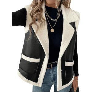 imageMakeMeChic Womens PU Leather Fuzzy Vest Open Front Sleeveless Pocket Warm JacketBlack