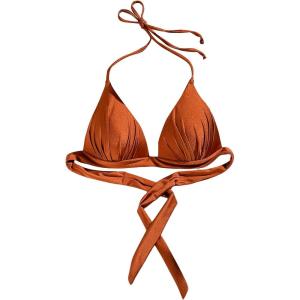 imageMakeMeChic Womens Solid Halter Triangle Bikini Top Tie Back Push Up Backless Solid Swimsuit Top BeachwearCoffee Brown