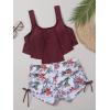 imageMakeMeChic Womens Swimsuits Two Piece Bathing Suits Ruffled Flounce Top High Waisted Bottom Bikini SetBurgundy Floral