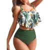 imageMakeMeChic Womens Swimsuits Two Piece Bathing Suits Ruffled Flounce Top High Waisted Bottom Bikini SetGreen and White