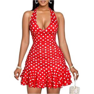 imageMakeMeChic Womens Polka Dots Halter Dress V Neck Tie Back Ruched Tiered Ruffle Short DressesRed