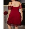 imageMakeMeChic Womens Plus Size Lace Cold Shoulder Nightgowns V Neck Ruffle Chemise Sleep DressBurgundy
