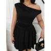 imageMakeMeChic Womens Plus Size Summer Dress Asymmetrical Neck Mini Dress Ruffle Tiered Cocktail DressesBlack