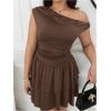 imageMakeMeChic Womens Plus Size Summer Dress Asymmetrical Neck Mini Dress Ruffle Tiered Cocktail DressesBrown