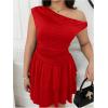 imageMakeMeChic Womens Plus Size Summer Dress Asymmetrical Neck Mini Dress Ruffle Tiered Cocktail DressesRed