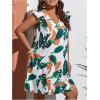 imageMakeMeChic Womens Plus Size Tropical Print V Neck Ruffle Cap Sleeve Tunic Dresses Flared A Line Mini DressMulticolor