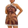 imageMakeMeChic Womens Plus Size Halter Mini Dress Tropical Print Tie Back Summer Vacation Boho DressesBrown
