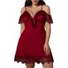 imageMakeMeChic Womens Plus Size Lace Cold Shoulder Nightgowns V Neck Ruffle Chemise Sleep DressBurgundy