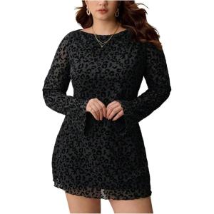 imageMakeMeChic Womens Plus Size Dress Leopard Print Long Sleeve Boat Neck Short DressesMulticolor