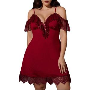 imageMakeMeChic Womens Plus Size Lace Cold Shoulder Nightgowns V Neck Ruffle Chemise Sleep DressBurgundy