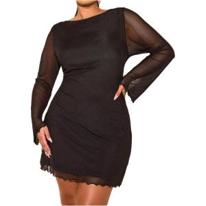 imageMakeMeChic Womens Plus Size Mesh Dress Long Sleeve Lettuce Trim Bodycon Mini DressesBlack