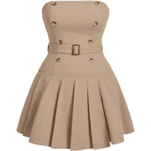 imageMakeMeChic Womens Plus Size Strapless Pleated Dress High Waist Y2K Club Mini DressKhaki