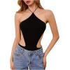 imageMakeMeChic Womens Casual Cut Out Bodysuit Sexy Sleeveless Backless Halter Leotard Asymmetrical BodysuitBlack