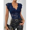 imageMakeMeChic Womens Floral Lace Sheer Bodysuit Deep V Neck Cap Sleeve Scallop Leotard TopsBlue