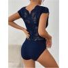 imageMakeMeChic Womens Floral Lace Sheer Bodysuit Deep V Neck Cap Sleeve Scallop Leotard TopsBlue