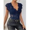 imageMakeMeChic Womens Floral Lace Sheer Bodysuit Deep V Neck Cap Sleeve Scallop Leotard TopsBlue