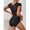 imageMakeMeChic Womens Floral Lace Sheer Bodysuit Deep V Neck Cap Sleeve Scallop Leotard TopsLace Black