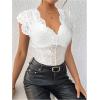 imageMakeMeChic Womens Floral Lace Sheer Bodysuit Deep V Neck Cap Sleeve Scallop Leotard TopsWhite