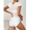 imageMakeMeChic Womens Floral Lace Sheer Bodysuit Deep V Neck Cap Sleeve Scallop Leotard TopsWhite