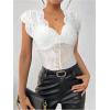 imageMakeMeChic Womens Floral Lace Sheer Bodysuit Deep V Neck Cap Sleeve Scallop Leotard TopsWhite
