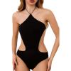 imageMakeMeChic Womens Casual Cut Out Bodysuit Sexy Sleeveless Backless Halter Leotard Asymmetrical BodysuitBlack