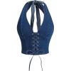 imageMakeMeChic Womens Denim Corset Top Halter Backless Shirred Y2K Crop TopsDark Wash