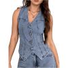 imageMakeMeChic Womens Denim Vest Tops Sleeveless Button Down V Neck Asymmetrical Hem Crop Jean VestLight Wash