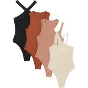 imageMakeMeChic Womens 4 Piece Sexy Bodysuits Casual Solid Sleeveless Ribbed Knit Shapewear Tank Top BodysuitsE Multi