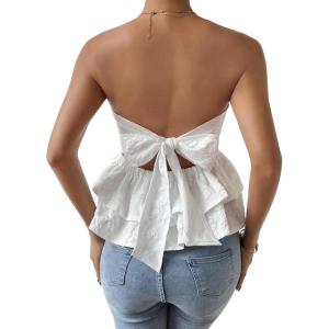 imageMakeMeChic Womens Bow Knot Tie Back Bandeau Floral Lace Ruffle Tiered Shirt Peplum Tube TopsWhite