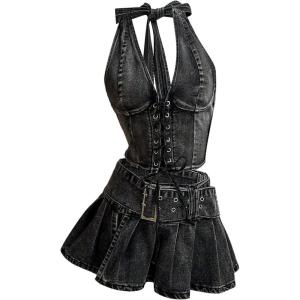 imageMakeMeChic Womens Denim Corset Top Halter Backless Shirred Y2K Crop TopsBlack