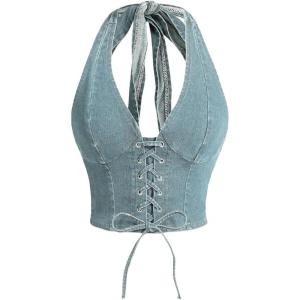 imageMakeMeChic Womens Denim Corset Top Halter Backless Shirred Y2K Crop TopsMedium Wash