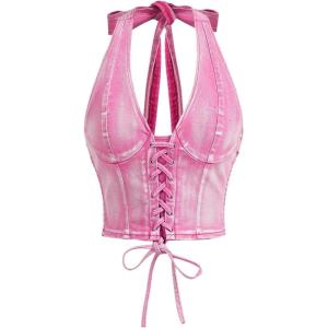 imageMakeMeChic Womens Denim Corset Top Halter Backless Shirred Y2K Crop TopsPink