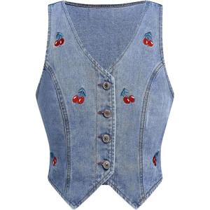 imageMakeMeChic Womens Denim Vest Cherry Cropped Button Down Jean Vest Sleeveless Tank TopLight Wash