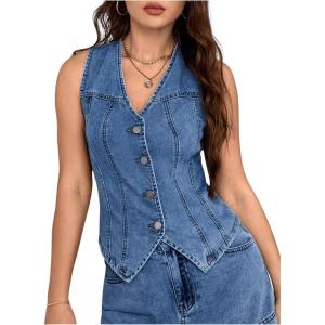imageMakeMeChic Womens Denim Vest Tops Sleeveless Button Down V Neck Asymmetrical Hem Crop Jean VestMedium Wash
