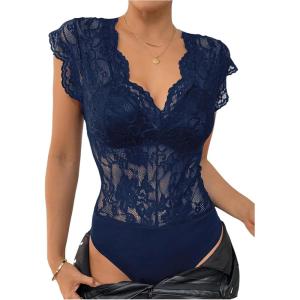 imageMakeMeChic Womens Floral Lace Sheer Bodysuit Deep V Neck Cap Sleeve Scallop Leotard TopsBlue