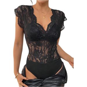 imageMakeMeChic Womens Floral Lace Sheer Bodysuit Deep V Neck Cap Sleeve Scallop Leotard TopsLace Black