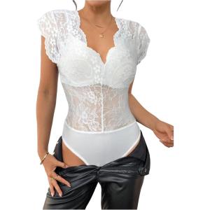 imageMakeMeChic Womens Floral Lace Sheer Bodysuit Deep V Neck Cap Sleeve Scallop Leotard TopsWhite