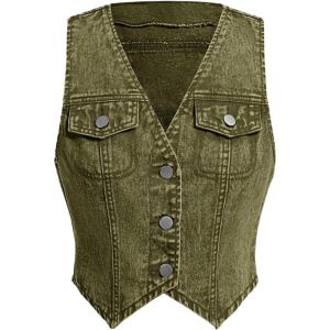 imageMakeMeChic Womens Jean Vest Top Button Down Denim Vest Crop Sleeveless V Neck JacketArmy Green