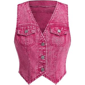 imageMakeMeChic Womens Jean Vest Top Button Down Denim Vest Crop Sleeveless V Neck JacketPink
