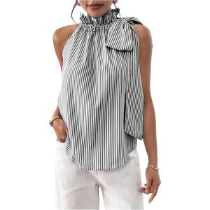 imageMakeMeChic Womens Striped Halter Tie Knot Neck Blouse Sleeveless Ruffle Elegant Business ShirtBlack