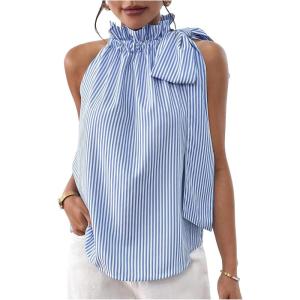 imageMakeMeChic Womens Striped Halter Tie Knot Neck Blouse Sleeveless Ruffle Elegant Business ShirtBlue