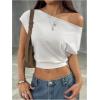 imageMakeMeChic Womens Off The Shoulder Crop Tops Short Sleeve Going Out T ShirtWhite